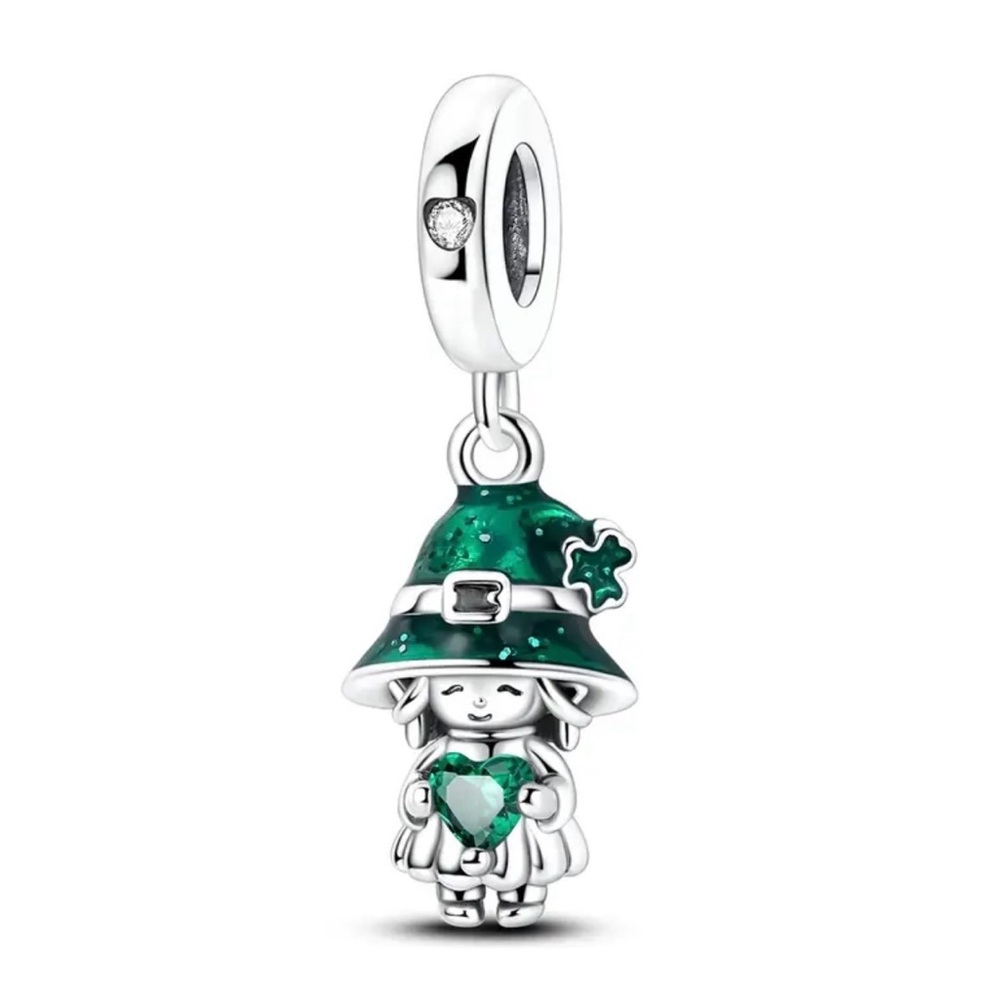 Sterling Silver Leprechaun Girl with Green Hat & Green Heart Charm Pendant.